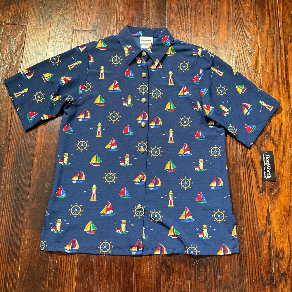 Bon Worth Shirt Womens M Navy Nautical Lighthouse Button Down Top NOS